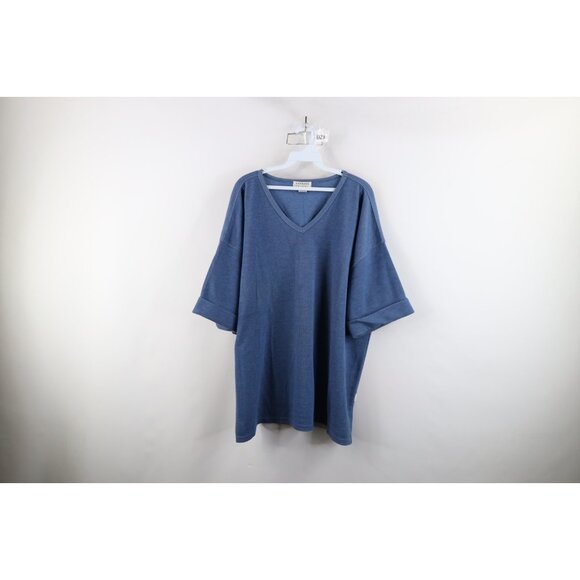 Vintage 90s Express Womens Large Blank Baggy Thermal Ribbed Knit T-Shirt Blue - Picture 1 of 13